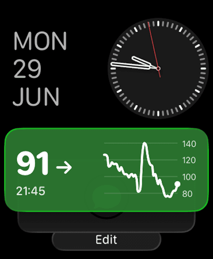 Esfera del Apple Watch con la complicación de Dulce mostrando 91 mg/dL y una gráfica de tendencia